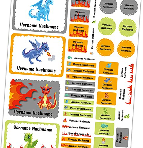50 x Namensaufkleber mit Wunschname personalisiert Aufkleber Set mit Kinder Name Beschriftung Schule Kindergarten Kleidung Sticker wasserfest (06 Drachen)