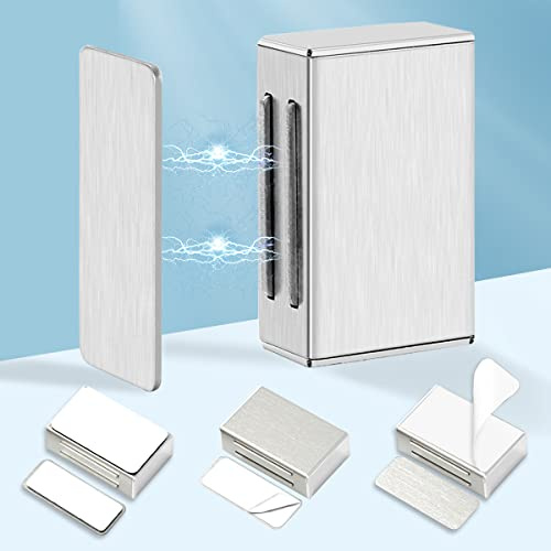 AOSITE No Drill Adhesive Magnetic Door Catch - 17lb Holding Force, Cabinet Magnets for Kitchen, Cupboard & Drawer Closure, Self-Stick Stainless Steel Latch (4 Pack Silver)