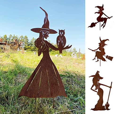 Hexe mit Eule auf dem Arm groß 90x54cm Gartenstecker Edelrost Halloween