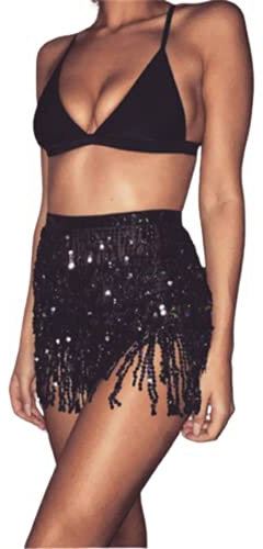 Yienate Disfraz de danza del vientre sexy para mujer, con flecos, lentejuelas, falda de cadera, borla, pañuelo de cadera, brillo, disfraz, rave, Negro , Talla única