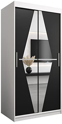 ABIKSMEBLE Boliwia 100 Armario 2 Puertas Correderas para Dormitorio - Armario Moderno con Espejo, Barra y Estantes - 100x200x62 cm (Ancho x Alto x Fondo) - Bianco Mate + Negro Mate