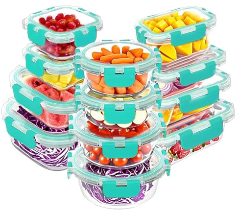 VERONES 24-teiliges Lebensmittelbehälter-Set, Glas-Lunchbehälter, Luftdichte Stapelbare Mahlzeit-Vorbereitungsbehälter mit Deckel, BPA-frei, für Gefrierschrank und Spülmaschine, Grün