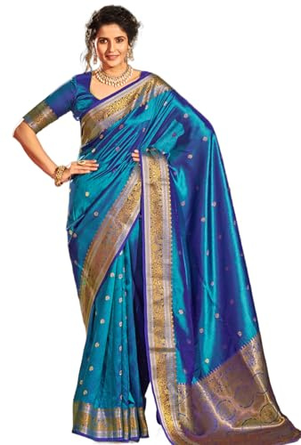 SWORNOF Sari da donna Kanjivaram in seta con tessuto Zari con camicetta, BLUE1, taglia unica