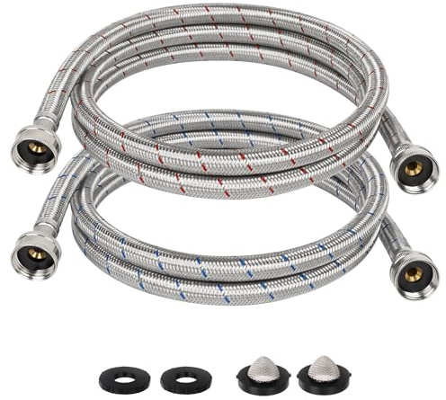 JUWO 6 FT Washing Machine Hoses, 3/4 FHT Stainless Steel Washer Hoses, For Short to Moderate-Distance Water Supply in Small & Medium Residences, Red & Blue (2-Pack)