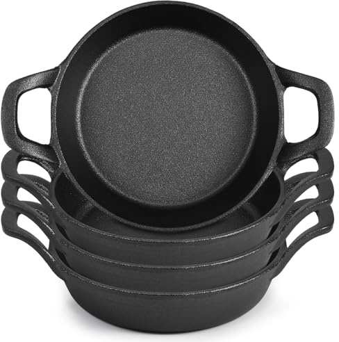 Ziliny Mini Cast Iron Skillets 6.3 x 6.3 x 1.5 Inch Cast Iron Pan Small Ramekin Set Black Casserole Dish Cookware Oven Safe Mini Skillets for Kitchen Indoor Outdoor Picnic (4 Pack)