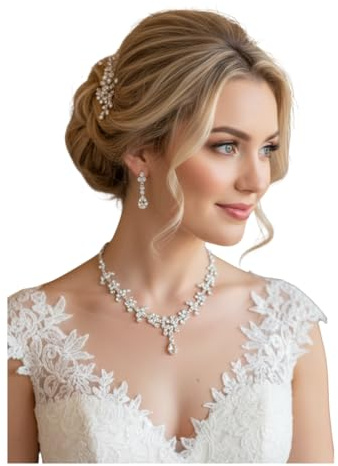 ONDEGO® Schmuckset Damen Silber – Tropfen Collier Halskette & Ohrringe mit Strass – Elegantes Schmuck Set für Hochzeit Abiball Jugendweihe Kommunion Ball
