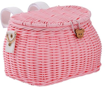 Kinderfahrrad-Lenkerkorb, Fahrradkorb-Aufhängekorb, Kinderfahrradzubehör, Handgefertigter Rattan-Korb, Fahrradkorb Geflochten, Abnehmbar Fahrradkorb Aus Rattan, Handgewebter Rucksack Mit Deckel