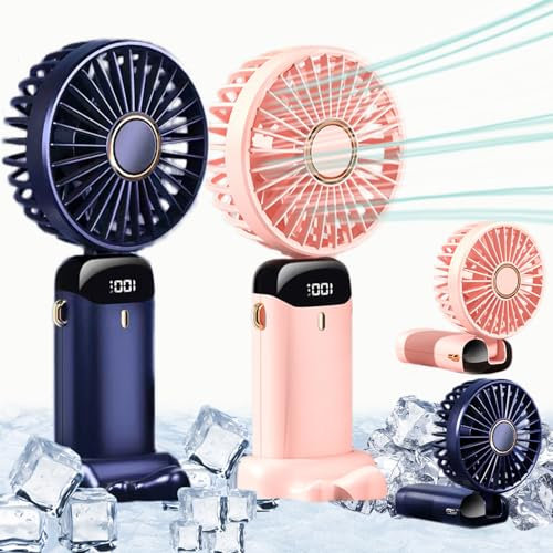 VGJK 2 Pack Handheld Fan,Battery Operated Portable Fans,5 Speeds Personal Fan with Base,Ajustable USB Rechargeable Hand Neck Desk Fan Mini Fans for Outdoor Indoor Office(1*Blue+1*Pink)