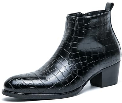 NVBUKE Men's Gradient Patent Leather Print Business Chelsea Boots with Side Zipper, Retro Pointed Toe Low Chunky Heel Non-Slip Formal Short Boots for Business Work Party Ankle Boots (Black,8.5)