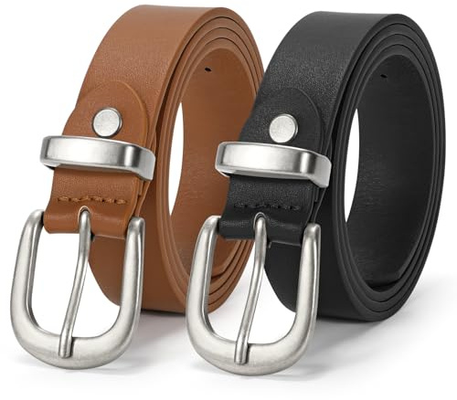 JASGOOD Women PU Leather Belts for Jeans 1.1 Width Ladies Belts for Dresses with Silver Buckle，Black+Brown