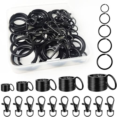 HavaCue 60 Piezas Negro Mosquetones Y Anillas Llaveros,Metal Mosqueton Llavero Pequeños,15mm/20mm/25mm/28mm/30mm Anillas Llaveros Aros,Mosquetones Pequeños Llavero de Bricolaje
