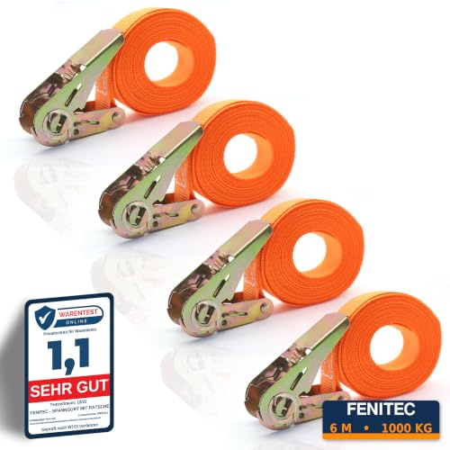 FENITEC 4X Spanngurte mit Ratsche 1000 kg 6M 25mm | TÜV/GS EN 12195-2 geprüft Doppelnaht zur Ladungssicherung bei jedem Wetter