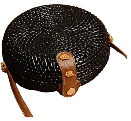 AYKANING Strohtaschen Damen,Korbtaschen Damen Rattan Handtasche Schulter Kreuzfarbstoff Kleine runde Lederschnalle Schwarzweiss-Party-Tasche Hand-gewebte Tasche(3)