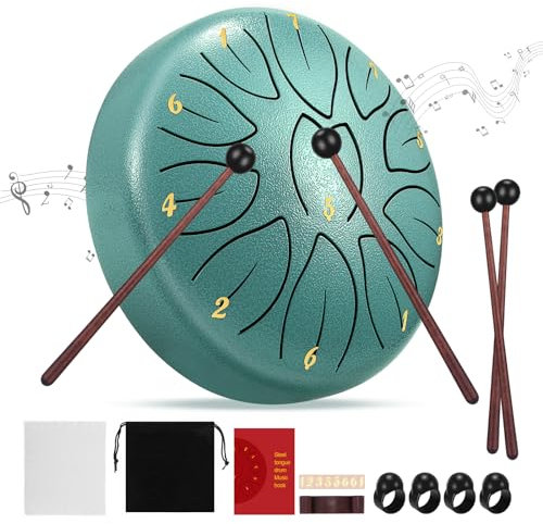 Steel Tongue Drum, 6 Zoll 11 Noten Garten Regen Meditationstrommel mit Notenbuch, Schlägel, Fingerplektren und Tragetasche, Grün