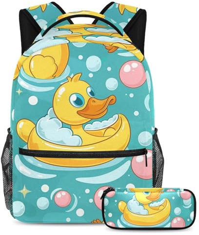 2-teiliges Rucksack-Set für Jungen und Mädchen, große Kapazität, Badeente, Schultasche mit Federmäppchen, perfekter Tagesrucksack für Studenten, Teenager, Reisen und Wandern, mehrfarbig, One size