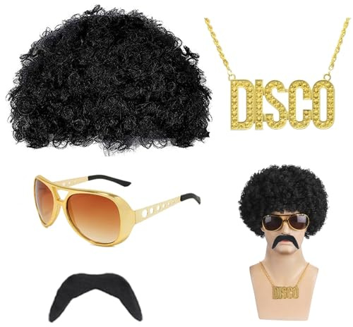 ATSNOSH 4er Set Afro Perücke Herren, 70er 80er Jahre Outfit Herren, Afro Perücke, Hippie Kostüm Set Disco Hippie Accessoires für Cosplay Kostümfeste HalloweenThema Party (Schwarz)