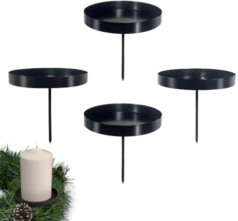 Kerzenhalter Adventskranz, 8 cm Kerzenständer Schwarz 4 Stück, für Adventskranz Weihnachten Kerzenteller Mit Dorn, Schwarz Adventskerzenhalter Metall Kerzenleuchter