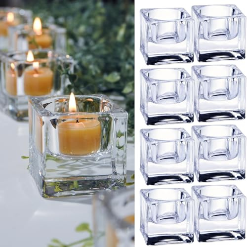 Clear Glass Tealight Candle Holder, Square Candle Holder Set of 8, Table Centerpiece for Ceremony, Event,Wedding, Party Decor
