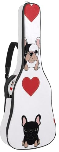 KengjuTesu 43 Zoll Akustikgitarre Softcase mit Rucksackgurt und 2 Taschen Französische Bulldogge Herzen, Keine Polsterung Rucksack Wasserdicht Oxford Tuch Bassgitarre Gigbag für Konzertgitarre,