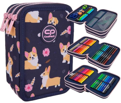 CoolPack Schulstiftetui 3-Fach Federtasche Federmappe, 44-teilig gefüllt, Elisabeth, 3-stöckig, Polyester, Reißverschluss, Handgriff, Schulranzen-Stil, Cartoon, Mehrfarben, 20 x 12,5 x 6 cm