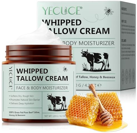 Beef Tallow Face Cream 120 g, Sego di Manzo per la Cura della Pelle, Balsamo di Sego e Miele Biologico al 100% Naturale per Viso e Corpo, Crema Viso Sego, Idratazione Profonda, Lenisce la Secchezza