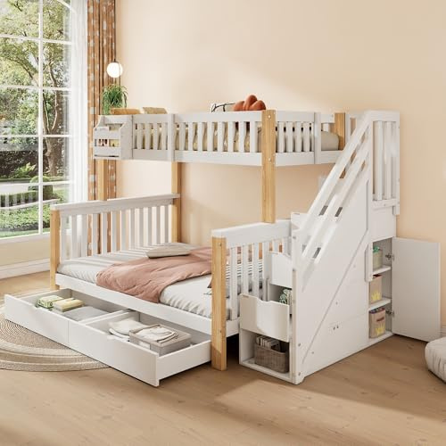 Etagenbett 90x200+140x200 cm für 2-3 Kinder, Kinderbett mit Ablagekorb und Schubladen, Hochbett mit Treppe und 2 Schubladen, Holzbett mit Lattenrost, Rausfallschutz Bett, Ohne Matratze (Natür 1)