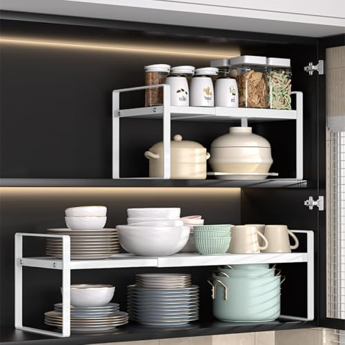 Expandable Cabinet Shelf, Kitchen Cupboard Shelf Organiser, Cabinet Storage Shelves Stand Spice Rack, Space Saver Plate Organiser, Kitchen Storage Rack Shelves for Countertop Pantry (White, Heighten)