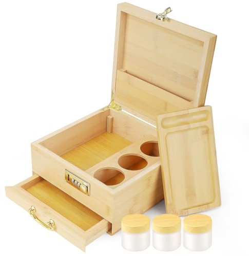 Large Bamboo Box with Combination Lock, Wooden Storagebox with 2 Jars & Brush, Stash Box RollingBox with Lock for Storage Items Decorativebox for Home Great Gifts (01)