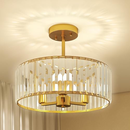 HOMCOM Crystal Ceiling Light Fixture, Semi Flush Mount Modern Crystal Chandelier Ceiling Light for Living Room, Bedroom, Hallway, Dining Room, E14 Base 3-Lights, Bulbs Not Included, Gold Tone