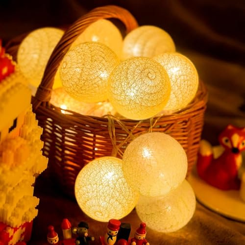 Bomullskulor, ljuskedja, batteri, 3 m, 20 LED-ljusslinga, bomullsbollar, ljuskedjor inomhus, utomhus, varma vita ljusslingor batteridrivna för jul, barnrum, bröllop