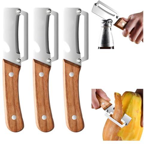 Multi-Functional Vegetable Peeler for Kitchen, Premium Vegetable Peeler with Wooden Handle and Bottle Opener Stainless Steel Blade Kitchen Tool for Fruit Apple Potato Pumpkin Papaya Zucchini (3PC)