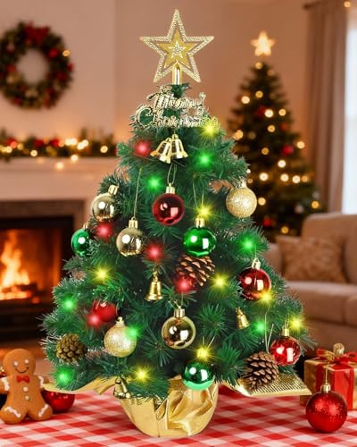 24 Inch Classic Green Tabletop Christmas Tree with LED Lights & Ornaments, Artificial Mini Desktop Xmas Tree with Sturdy Fabric Base for DIY Holiday Decor