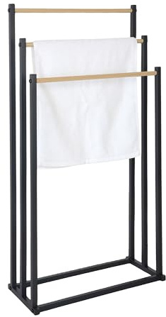 Relaxdays Handduksställ, HBT: 86 x 44 x 21 cm, metall, 3 stänger i träutseende, stående handdukshållare, svart/natur