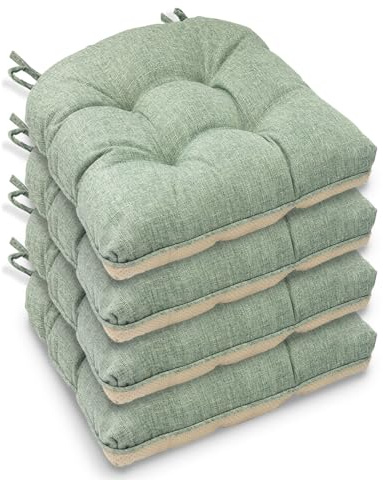Casabella Chair pads - Dining Chairs Cushion - 4 Pc Cushions 45x45+8cm Non Slip Backing Chairpads - Tufted Seat pads With Ties - Durable & Soft Cushions for Kitchen, Garden - Sage
