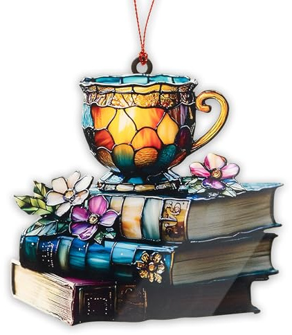 Sonnenfänger Buch Deko Acryl-Buntglas-Ornament mit Teetasse und Blumen, Fensterdeko für Zuhause, Personalisierter Weihnachtsbaumschmuck, Geschenk für Buchliebhaberinnen, Stained Glass Fensterbild