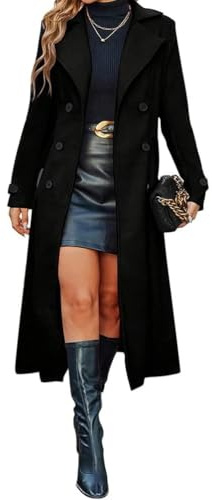 ORANDESIGNE Manteau Long Laine Femme Hiver Manteaux Longue Revers Chic et Elegant Manteau Laine Long Double Boutonnage A Noir XL