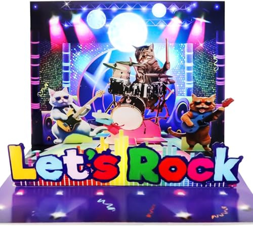 Tarjeta de cumpleaños musical con diseño de gato Rock 'n' Roll, tarjeta de felicitación interactiva 3D con música, luces y melodía de cumpleaños, ideal para niños, tarjeta de regalo