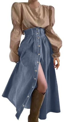 Foweknow Gonna in jeans da donna, lunga, in denim, con decorazione a bottoni, stile vintage, gonna a matita, elegante, a vita alta, gonna avvolgente, leggera e ariosa a linea swing, gonna estiva