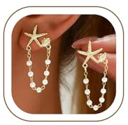 MIYUEFAN Boucles d'oreilles en forme d'étoile de mer et coquillage pour femme - Boucles d'oreilles en perles plaquées or 14 carats - Hypoallergéniques - Bijou de plage - Cadeau pour femme