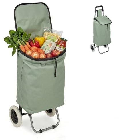 Relaxdays hopfällbar shoppingvagn, avtagbar väska 28 liter, salvia | Handvagn med hjul, HxBxD: 92,5 x 42 x 28 cm