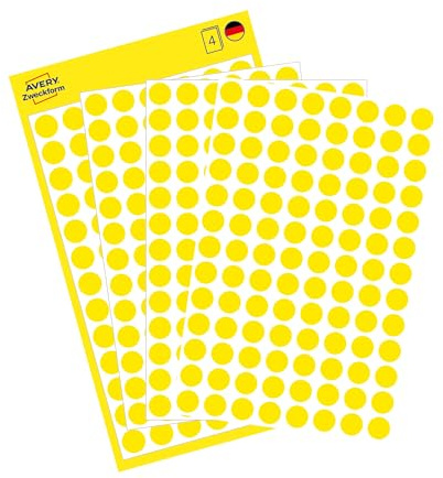 AVERY Zweckform 3013 selbstklebende Markierungspunkte 416 Stück (Ø8mm, Klebepunkte auf 4 Bogen, Punktaufkleber zur Farbcodierung, runde Aufkleber für Kalender, Planer und zum Basteln, Papier) gelb
