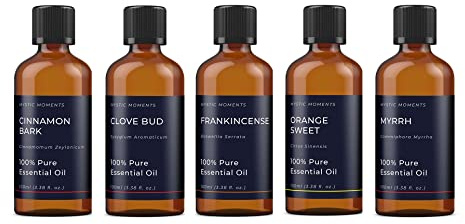Mystic Moments | Weihnachten Ätherische-Öle Geschenk-Starterset 5x100ml | 5 Rein Aromatherapieöle – Zimtrinde, Nelkenknospe, Weihrauch, Myrrhe & Süßorange | Festlich Wohnatmosphäre