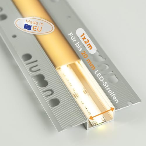 Alupona 1x Kizar20 LED Trockenbauprofil I 1 x 2 m I Aluminium Profilleiste für LED Streifen bis 2 cm Breite I Perfekt für 12,5 mm Rigipsplatten I Trockenbauschiene + milchig weiß opale Abdeckung