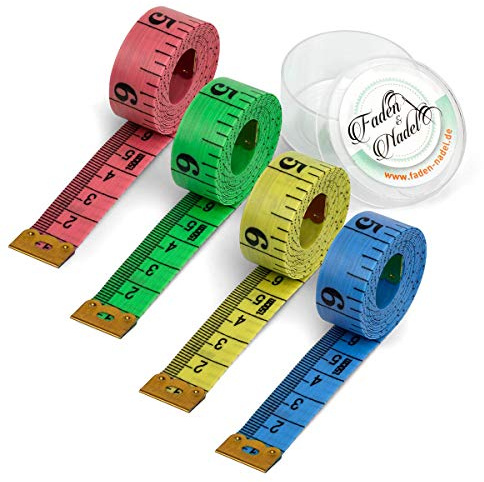 Faden & Nadel® 4er Set, Bunte Schneider Maßbänder, je 150 cm (mit Zentimeter und Zoll Skala)