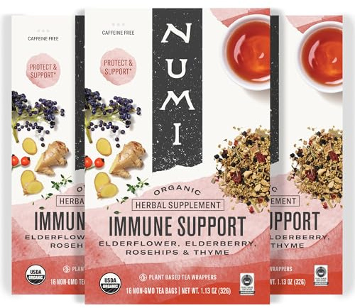 Numi Organic Immune Support Herbal Tea – 48 Herbal Tea Bags – Caffeine Free Blend with Elderflower Elderberry Rosehip & Thyme for Daily Immune Wellness & Comfort