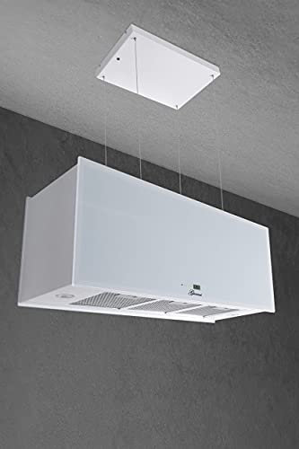 GURARI Inselhaube GCH I 333 90 WH Prime • Umluft Dunstabzugshaube 90 cm • Insel Deckenhaube1000m³/h • Weiß Glas • 4 Stufen • Display • LED • Fernbedienung • Timer