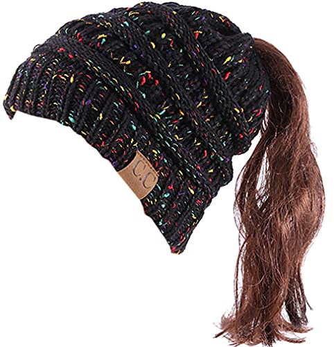 DURINM Damen Strickmütze Gestrickt Wintermütze Beanie Mädchen Zopfloch | Strickmütze für Pferdeschwanz Ponytail Beanie Damen Mütze Messy