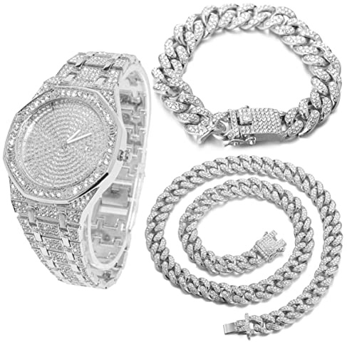 Halukakah Diamant Golduhr, Herren 18K Echt Vergoldet/Platin Weiß Vergoldet 40MM Breite Achteckig Rund Wählen Quarz Armband 22cm mit Kubanischer Link Kette 20+45cm Halskette Armband, mit Geschenkbox