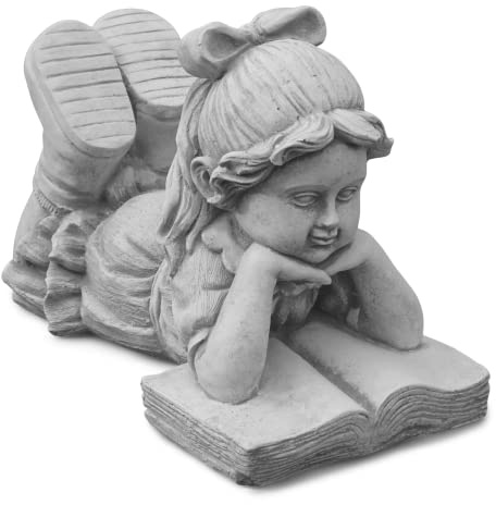 gartendekoparadies.de Liegendes Mädchen mit Buch, Steinfigur H. 22 cm, 8 kg, Grau, frostsicher aus Steinguss für Außenbereich