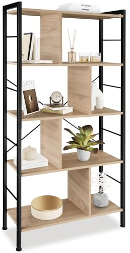 tectake® Scaffale, Libreria Verticale, stile industrial, 4 ripiani con 8 scomparti, Solido e Sicuro, Mobile Salvaspazio o Scaffale Metallo Garage - 75,5x30x155 cm - Legno industriale chiaro